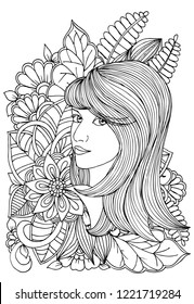 Beautiful woman and flowers. Page for coloring book. Doodles in black and white