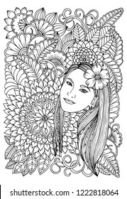 Beautiful woman and flowers. Page for coloring book. Doodles in black and white