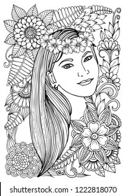 Beautiful woman and flowers. Page for coloring book. Doodles in black and white