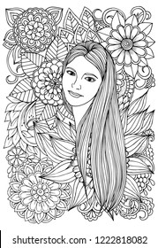 Beautiful woman and flowers. Page for coloring book. Doodles in black and white