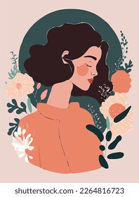 Beautiful woman with flowers , spring flat illustration, cheery pastels colors