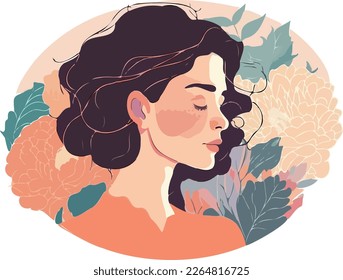 Beautiful woman with flowers , spring flat illustration, cheery pastels colors