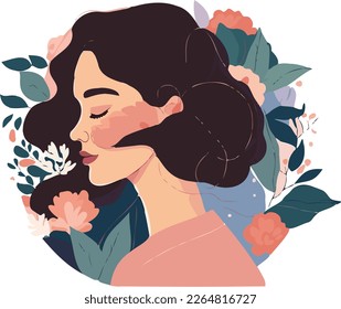 Beautiful woman with flowers , spring flat illustration, cheery pastels colors