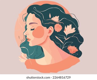 Beautiful woman with flowers , spring flat illustration, cheery pastels colors