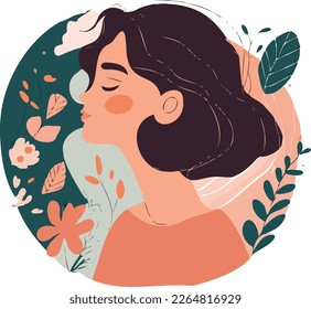 Beautiful woman with flowers , spring flat illustration, cheery pastels colors