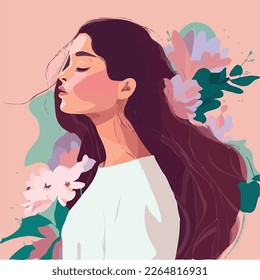 Beautiful woman with flowers , spring flat illustration, cheery pastels colors