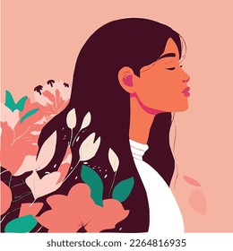 Mujer hermosa con flores , ilustración plana primavera, colores alegres de pasteles