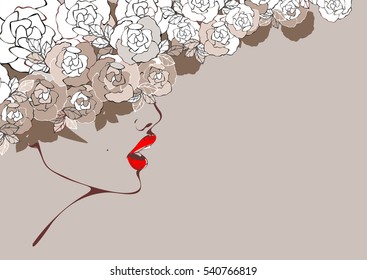 Beautiful woman with flowers. Vector illustration.