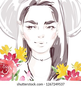 Beautiful woman in flowers watercolor fashion illustration. Romantic background for International Women's Day greeting card, print, invitation.