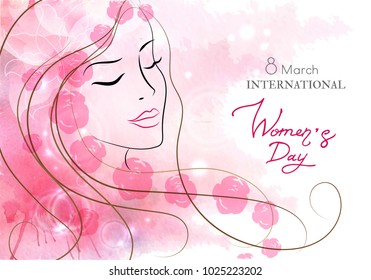 Beautiful woman with flowers. Watercolor pink background. Mother s day, 8 march, beauty, style .