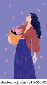 Beautiful woman with flowers. Young girl hugs bouquet. Mental health. Mindfulness. Flat Vector Illustration