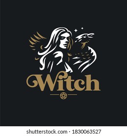 Beautiful woman with flying hair. Witch with a raven on her shoulder. Stars, wings, feathers, pentagram, look. Vector illustration.