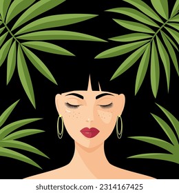 Beautiful  woman in foliage, portrait, vector illustration, freckles face, print