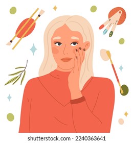 Beautiful woman with fresh nails. Manicure accessories and cosmetics, cuticle, nails care beauty routine, lady with fresh nail polish flat vector illustration isolated on white background