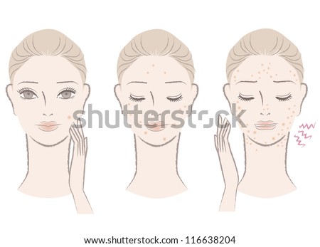 Beautiful woman frowning pimples, Skin trouble.Isolated on white. Cut out.  For other variation, check my portfolio.