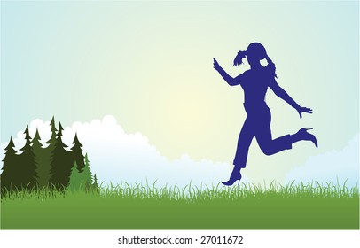 Beautiful woman full body silhouette running on meadow vector