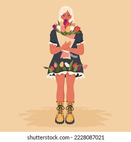 Beautiful woman in full growth in flower dress. Girl character holding bouquet of blooming tulips. Love, beauty concept. Vector flat illustration for gift, greeting card, Women's day, Valentine's Day
