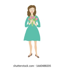 A beautiful woman in a full-length green dress on a white background. She smiles and hugs a bouquet of flowers (tulips) in her hands. Vector drawing is flat.