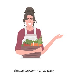 beautiful woman gardener holding basket with fresh vegetables healthy nutrition eco vegan food concept isolated portrait vector illustration