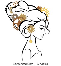 Beautiful woman. Gears in hair. Vector illustration. 