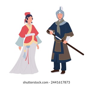 Beautiful woman geisha or empress and ancient chinese warrior military man cartoon characters