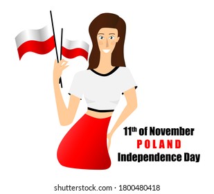 Beautiful woman gently holds two small flags of Poland in her hand. Poland independence Day. Vector on a white background