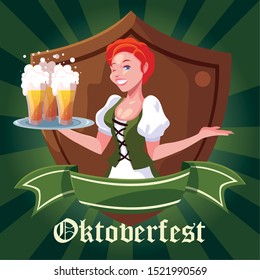 beautiful woman with german traditional dress and label oktoberfest vector illustration design