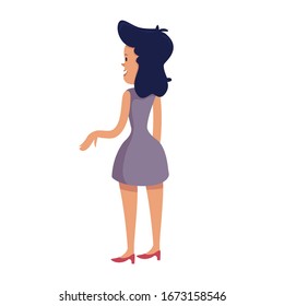 Beautiful woman gesturing back view flat cartoon vector illustration. Elegant lady in dress. Ready to use 2d character template for commercial, animation, printing design. Isolated comic hero
