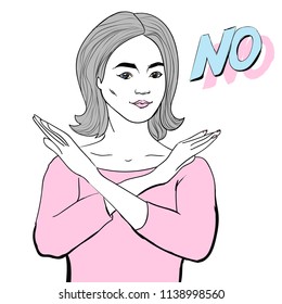 Beautiful woman gesturing NO or stop sign with text. Vector retro comic style illustration.