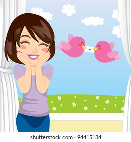 Beautiful woman gets happy surprise when two birds give her a love letter through an open window