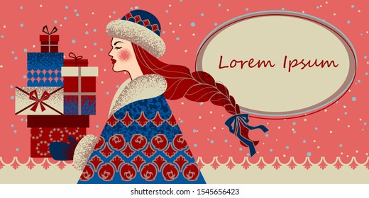 Beautiful woman with gifts. Christmas card. Vector illustration.