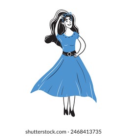 Beautiful woman girl with long curly black hair is standing and holding sunglasses on the head is wearing trendy blue dress with black belt. Hand drawn vector doodle flat cartoon illustration.