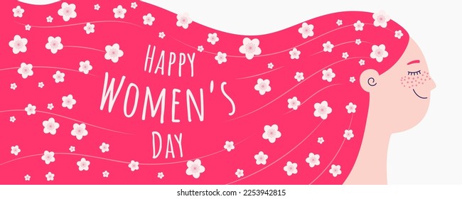 Beautiful woman, girl with long flowing hair, flowers, text Happy Womens Day. Hand drawn vector illustration. Female cartoon character. Flat style design. Concept for 8 March, feminism banner, poster