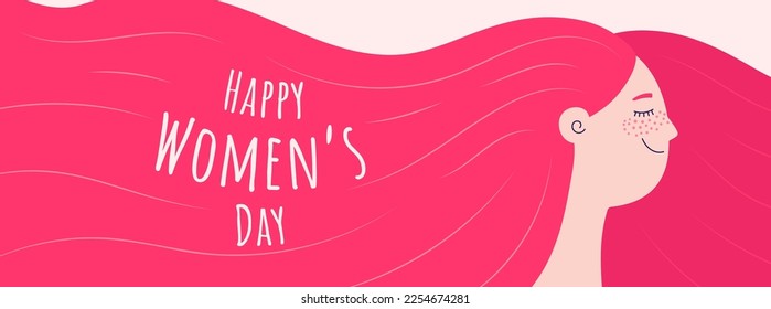 Beautiful woman, girl with long flowing hair, text Happy Womens Day. Hand drawn vector illustration. Female cartoon character. Flat style design. Concept for 8 March, feminism banner, poster