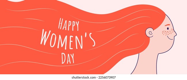 Beautiful woman, girl with long flowing hair, text Happy Womens Day. Hand drawn vector illustration. Female cartoon character. Flat style design. Concept for 8 March, feminism banner, poster