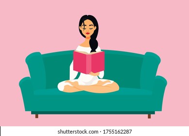 Mujer hermosa, chica leyendo un libro en el sofá. Tranquilidad, educación, inteligencia, lectura de libros, biblioteca, literatura. Concepto de lectura de libros.