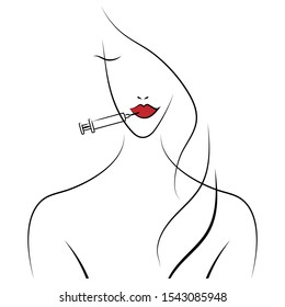 Beautiful woman girl uses injection cosmetology. beauty injections with a syringe on her lips and face in a spa beauty salon isolated on a white background.Vector illustration