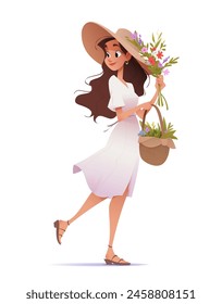 Hermosa mujer o niña en vestido blanco y sombrero de ala ancha está caminando. Largo pelo castaño ondulado. Ella lleva una canasta con ramo de flores y follaje. Ambiente veraniego. Ilustración vectorial de dibujos animados