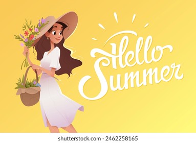 Beautiful woman or girl in white dress and hat holding a basket with flowers and foliage. Handwritten lettering Hello Summer. Warm yellow background. Calligraphy for poster, postcard or banner