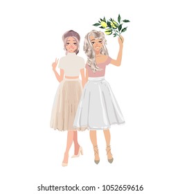 Beautiful woman, girls, friends standing, holding bunches of flowers, cartoon vector illustration isolated on white background. Happy smiling girls, women, friends holding bunches of flowers.