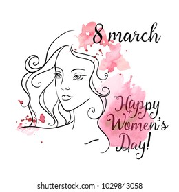 beautiful woman, glamour silhouette with pink abstract watercolor stains, isolated on white background, vector sketch. design for 8 march, international women's day