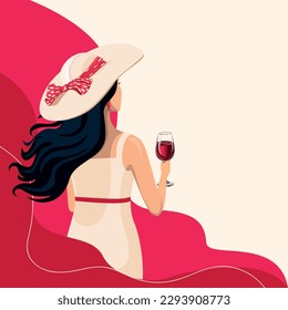 Beautiful woman with a glass of red wine. View from the back. Grape harvest and winemaking. Vector illustration on an abstract background.