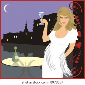 Beautiful woman with glass of wine on a background of a nightly city (Vector)