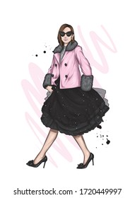 Beautiful woman with glasses, a full skirt and high-heeled shoes. Vector illustration for a card or poster, print on clothes. Fashion and style, clothes and accessories.