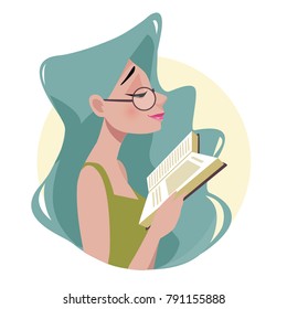 Beautiful woman in glasses and green dress is reading a book. The student is studying. Blue hair. Cartoon style, flat vector illustration.