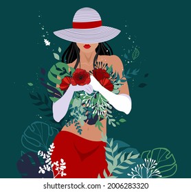 A beautiful woman in gloves and a hat pulled down over her eyes stands against a dark background with a bouquet in her hands. Vector hand-drawn illustration.
