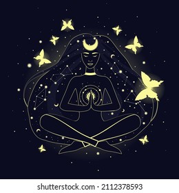 Beautiful woman  with glowing stars in her hair. Girl in yoga lotus practices meditation. Illustration in flat style. 