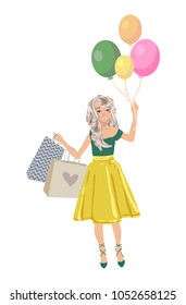 Beautiful woman go shopping with bags and feeling happiness on white background. Cute vector cartoon female character. Soft colors illustration.