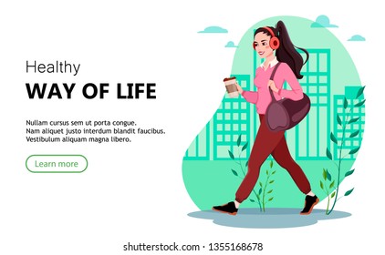 Beautiful woman goes to the gym for sports. Healthy way of life concept. Usable for landing page for website or application. Vector illustration.