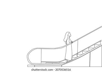 Beautiful woman going up by moving escalator. career ladder of an employee. special sale days shopping mall escalators concept